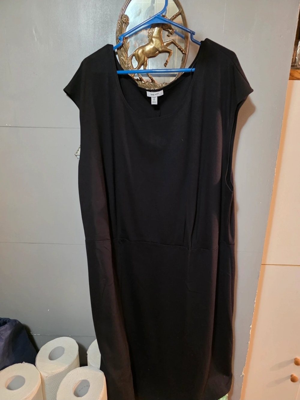 Nine West Black Asymmetrical Cap-Sleeve Shift Dress